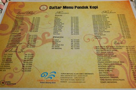 Harga Makanan di Pondok Kopi Umbul Sidomukti